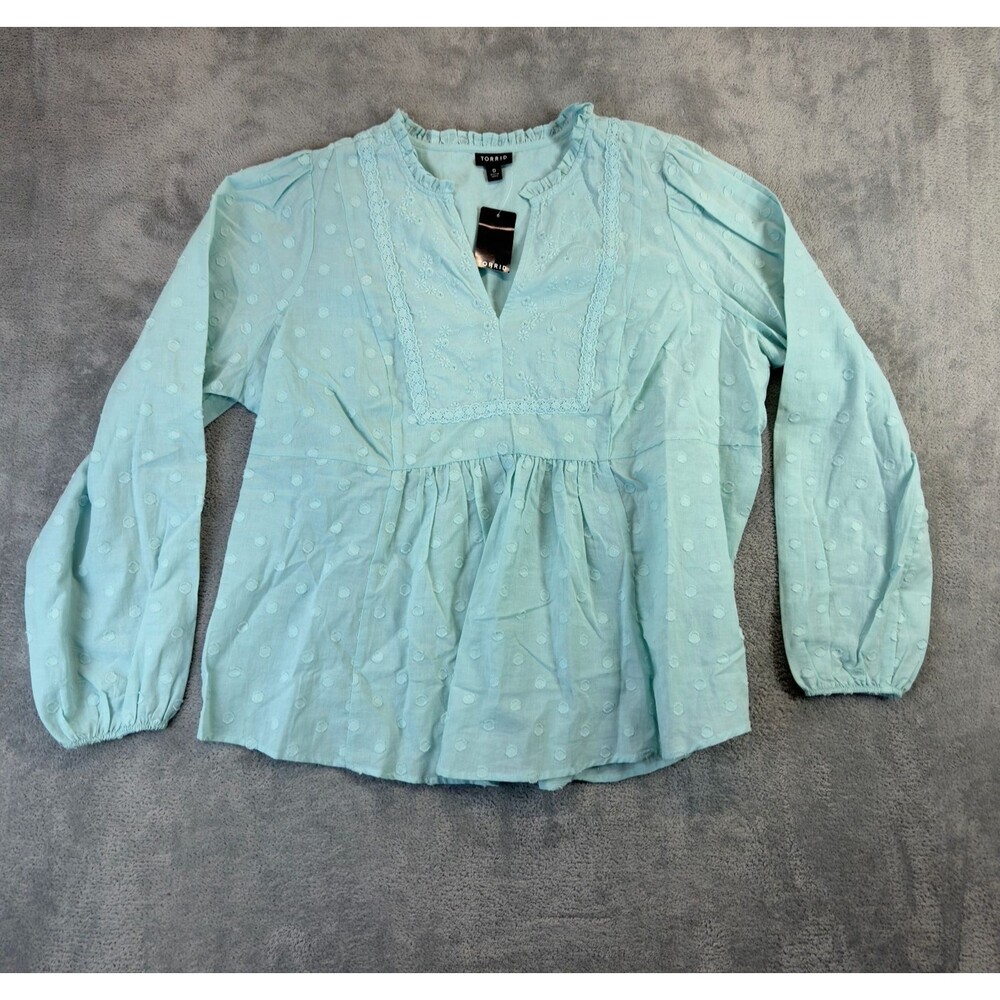 Torrid Top Womens 0 Blue Clip Dot Mixed Eyelet Yoke Detail Blouse Shirt Cute NWT